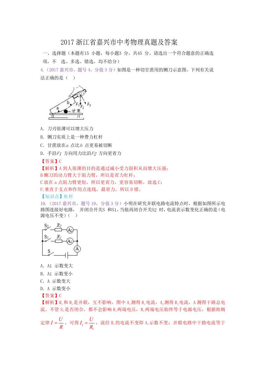 2017浙江省嘉兴市中考物理真题及答案.doc