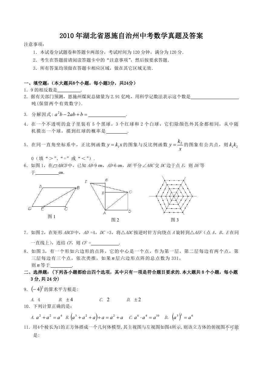 2010年湖北省恩施自治州中考数学真题及答案.doc