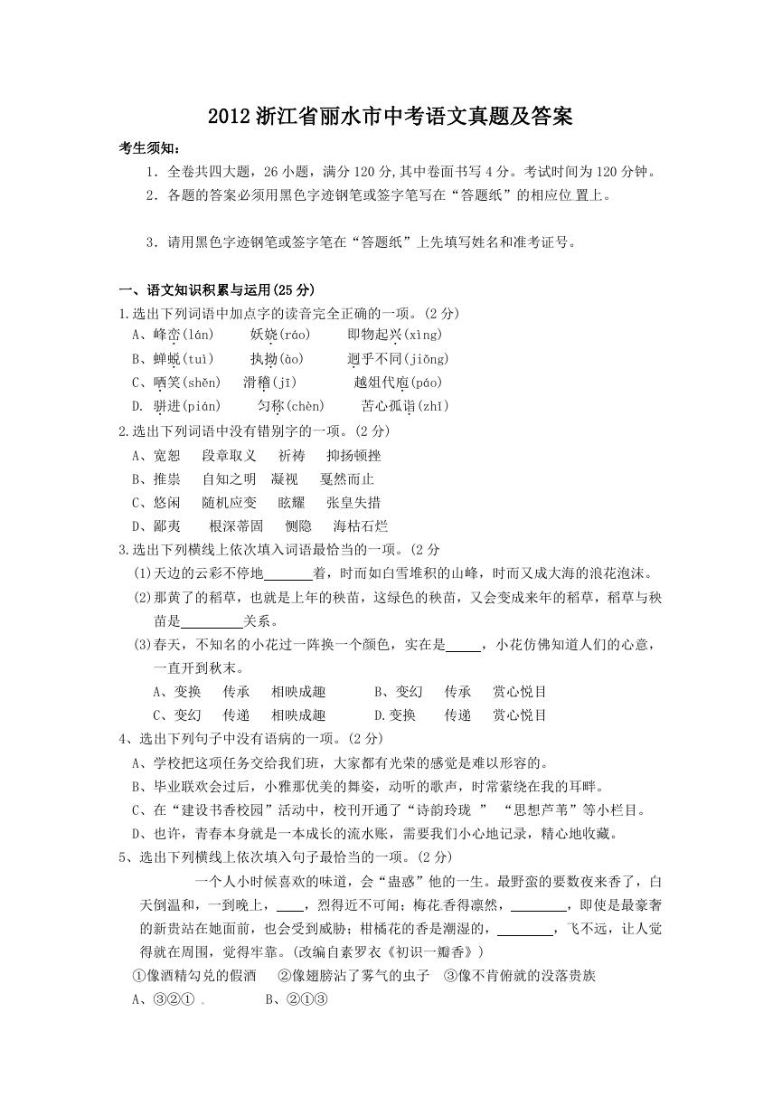 2012浙江省丽水市中考语文真题及答案.doc