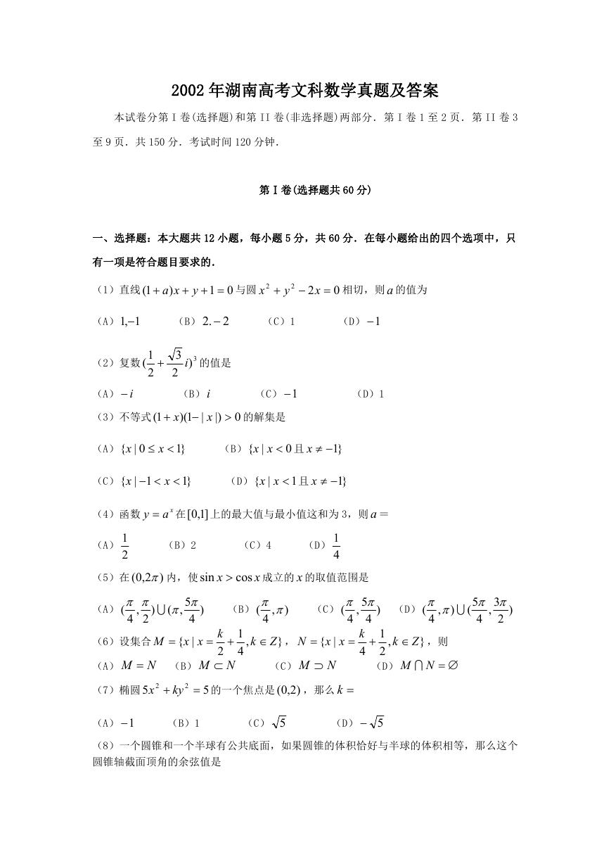 2002年湖南高考文科数学真题及答案.doc