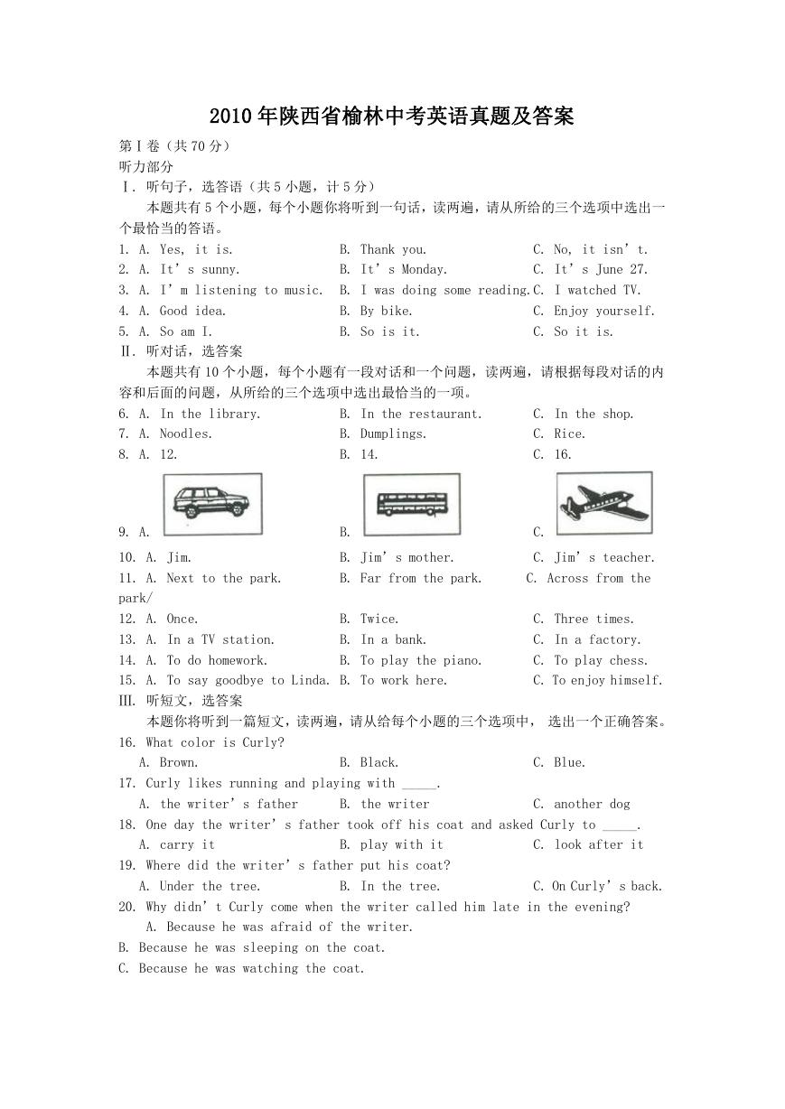 2010年陕西省榆林中考英语真题及答案.doc