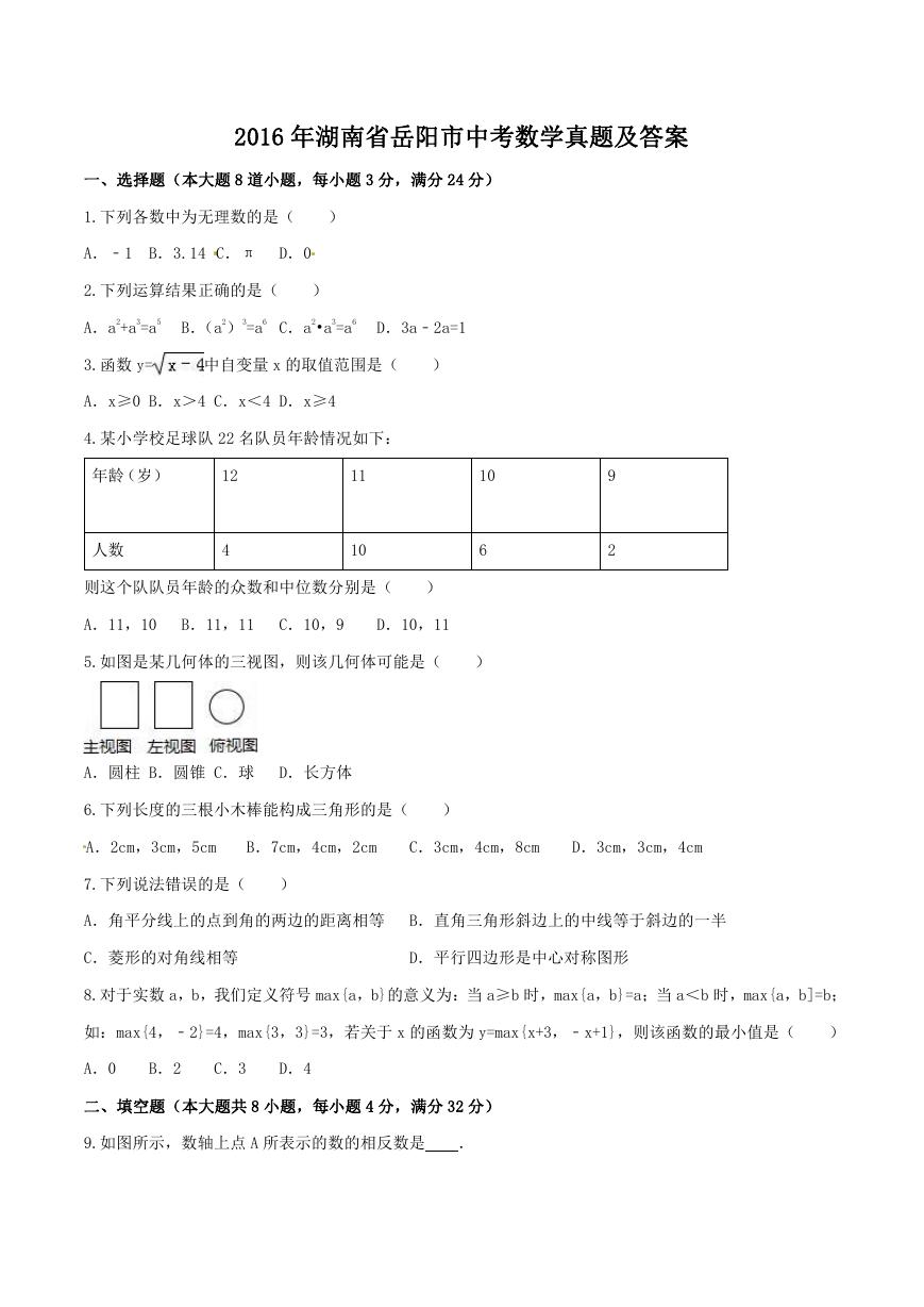 2016年湖南省岳阳市中考数学真题及答案.doc