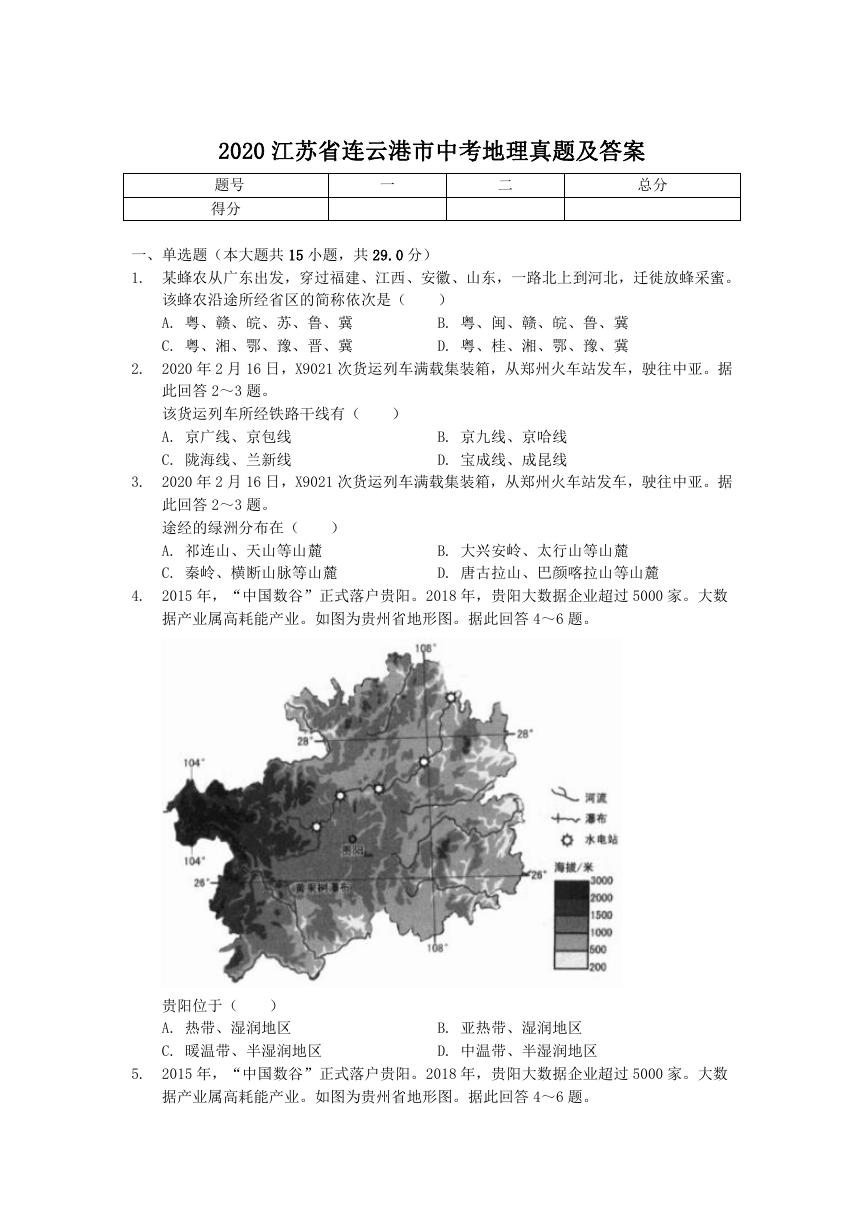 2020江苏省连云港市中考地理真题及答案.doc