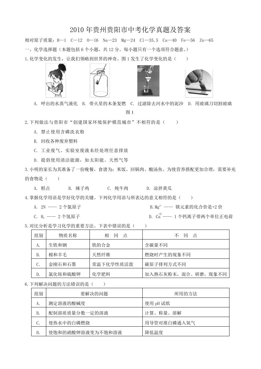 2010年贵州贵阳市中考化学真题及答案.doc