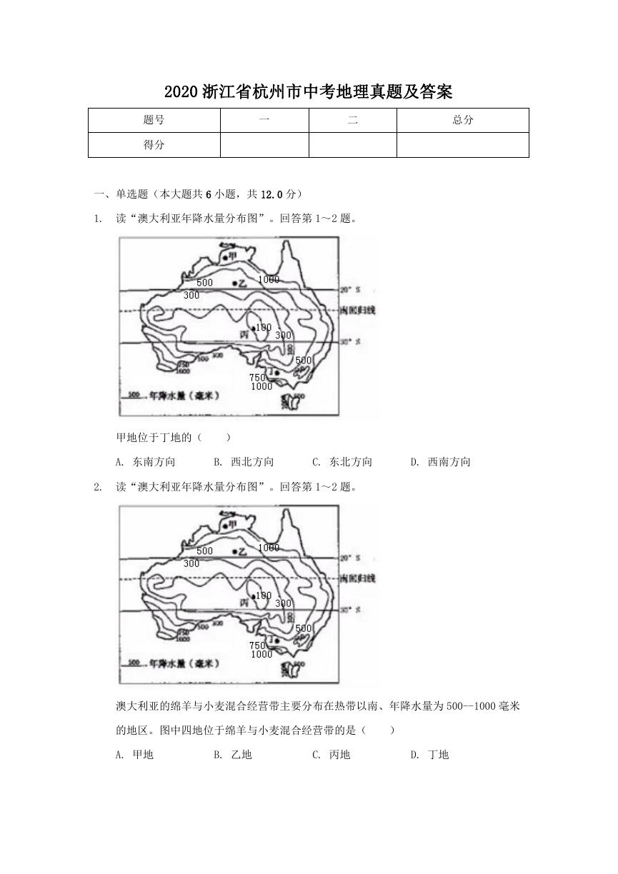 2020浙江省杭州市中考地理真题及答案.doc