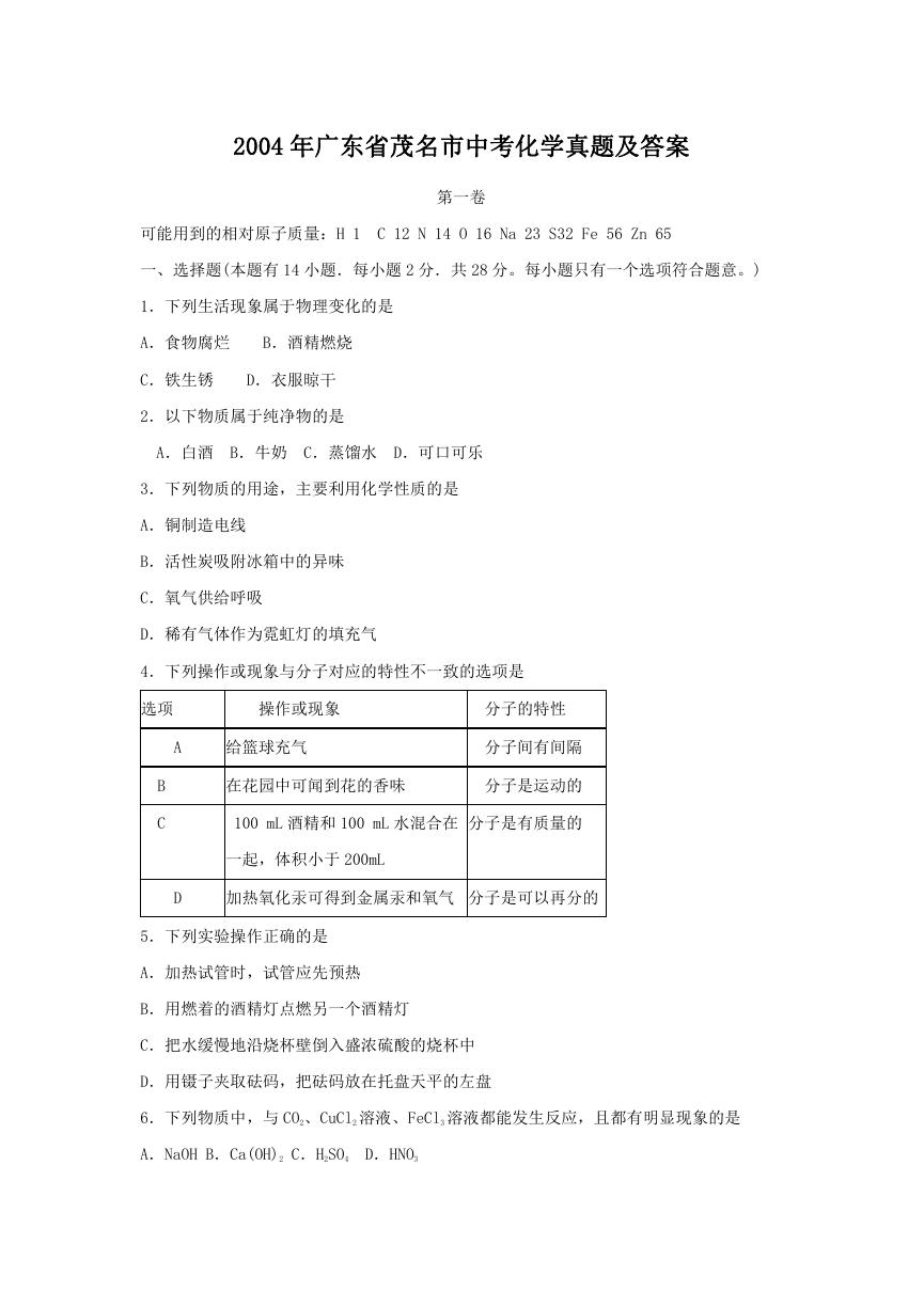 2004年广东省茂名市中考化学真题及答案.doc