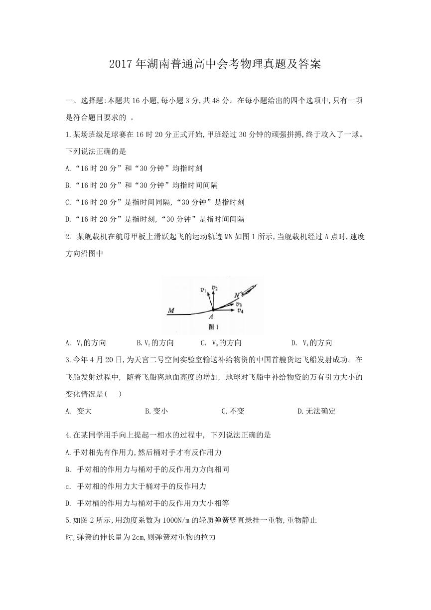 2017年湖南普通高中会考物理真题及答案.doc