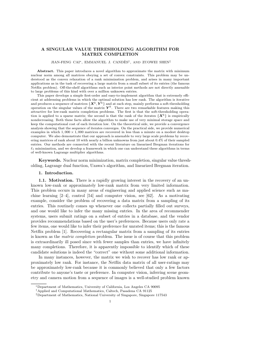SVT：A Singular Value Thresholding Algorithm For Matrix Completio....pdf