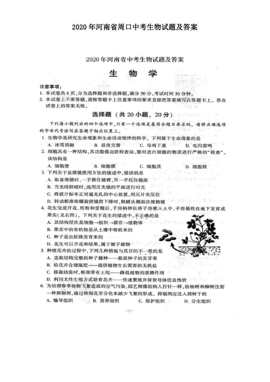 2020年河南省周口中考生物试题及答案.doc