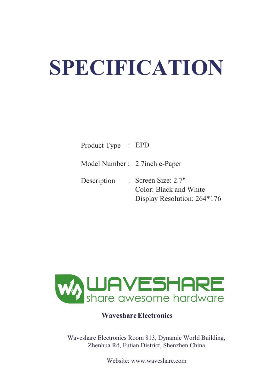 2.7inch e-Paper 数据手册(2.7inch-e-paper-Specification).pdf