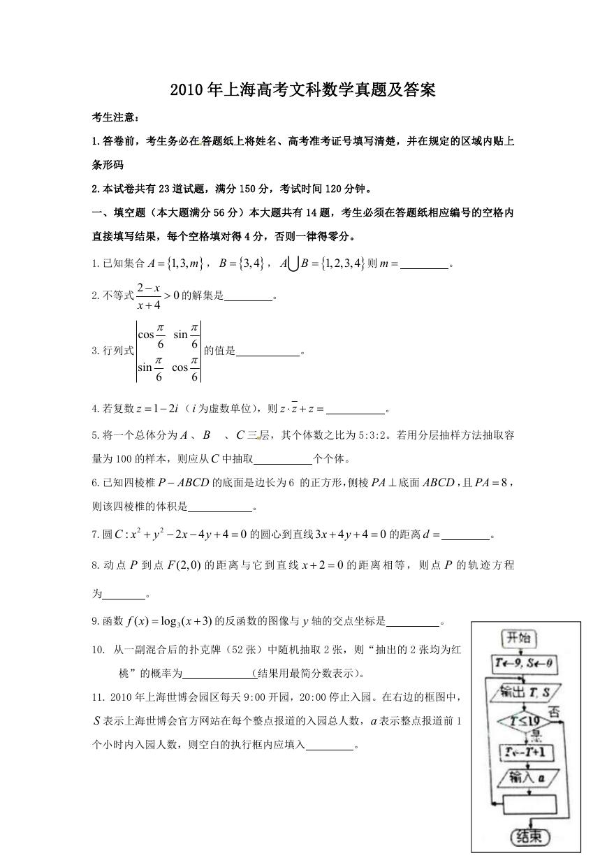 2010年上海高考文科数学真题及答案.doc
