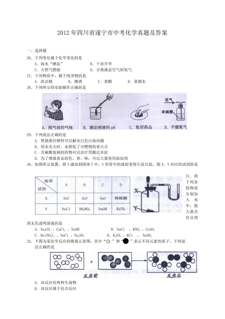 2012年四川省遂宁市中考化学真题及答案.doc