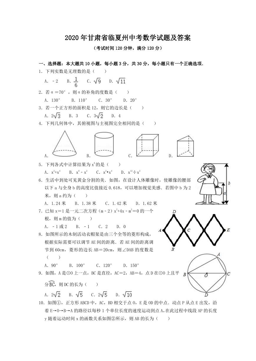 2020年甘肃省临夏州中考数学试题及参考答案.doc