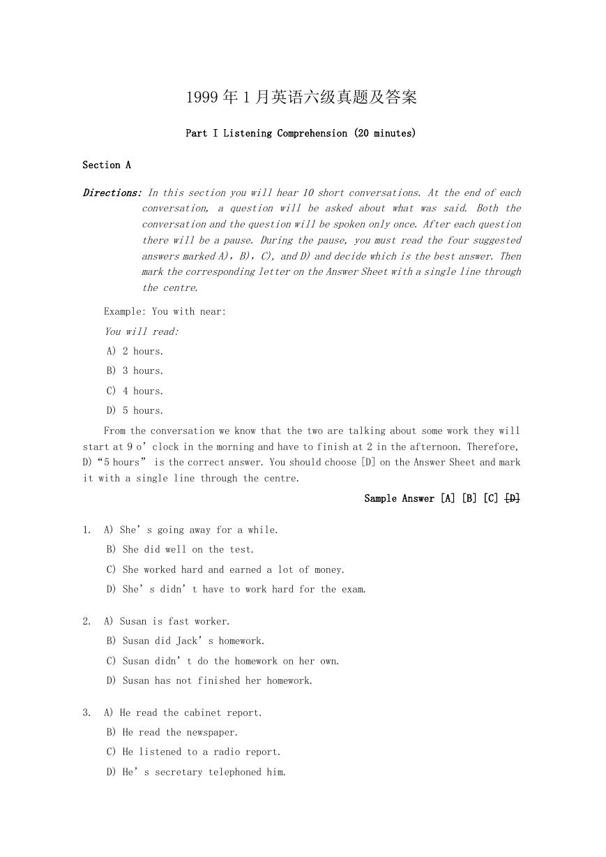 1999年1月英语六级真题及答案.doc
