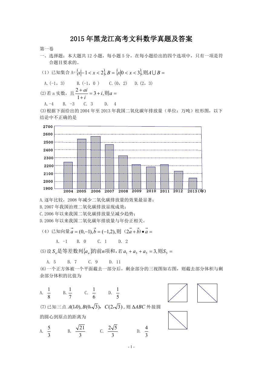 2015年黑龙江高考文科数学真题及答案.doc