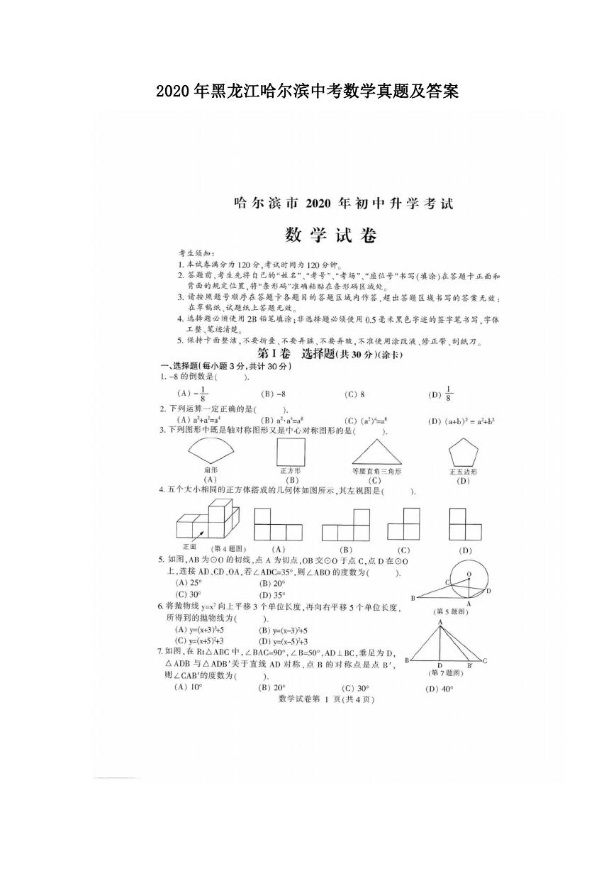 2020年黑龙江哈尔滨中考数学真题及答案.doc