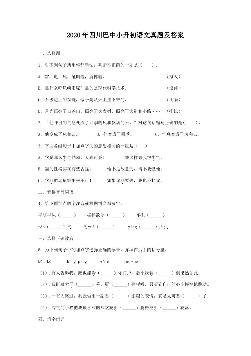 2020年四川巴中小升初语文真题及答案.doc