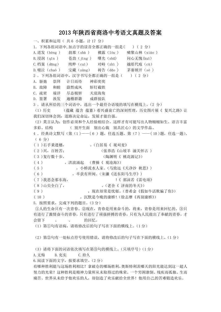 2013年陕西省商洛中考语文真题及答案.doc