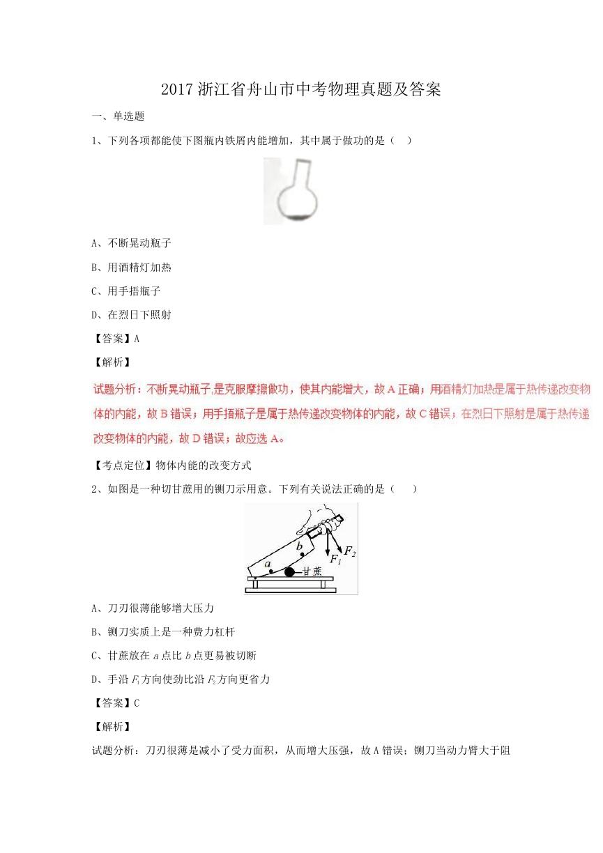 2017浙江省舟山市中考物理真题及答案.doc