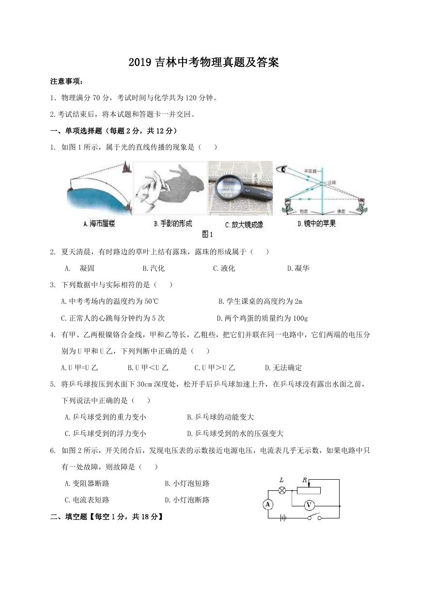 2019吉林中考物理真题及答案.doc