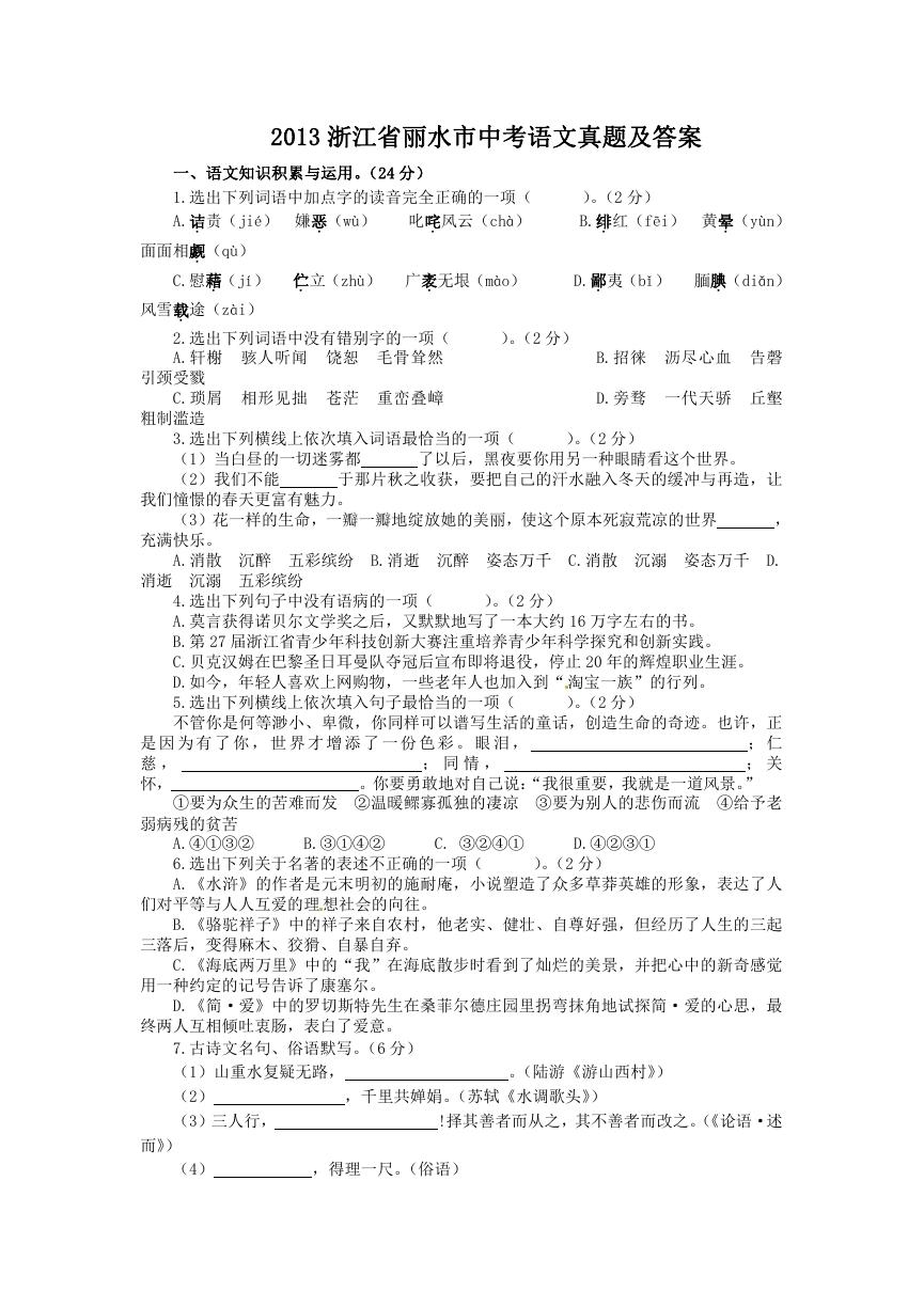 2013浙江省丽水市中考语文真题及答案.doc