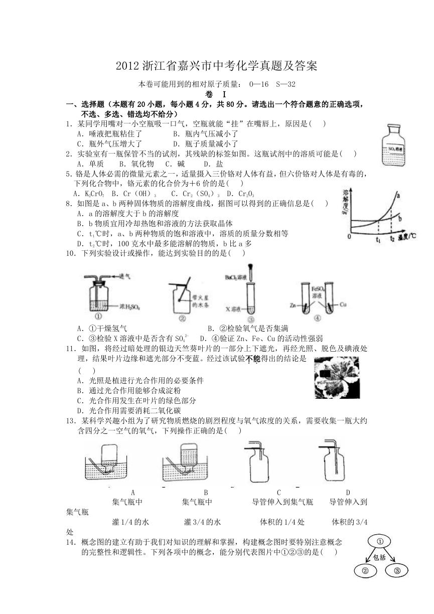 2012浙江省嘉兴市中考化学真题及答案.doc