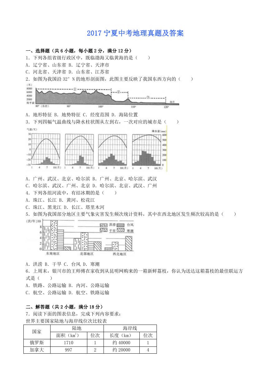 2017宁夏中考地理真题及答案.doc