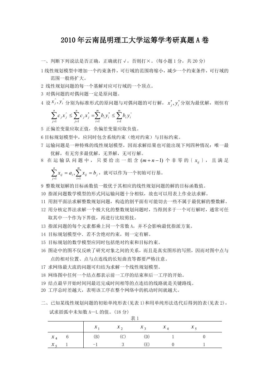 2010年云南昆明理工大学运筹学考研真题A卷.doc