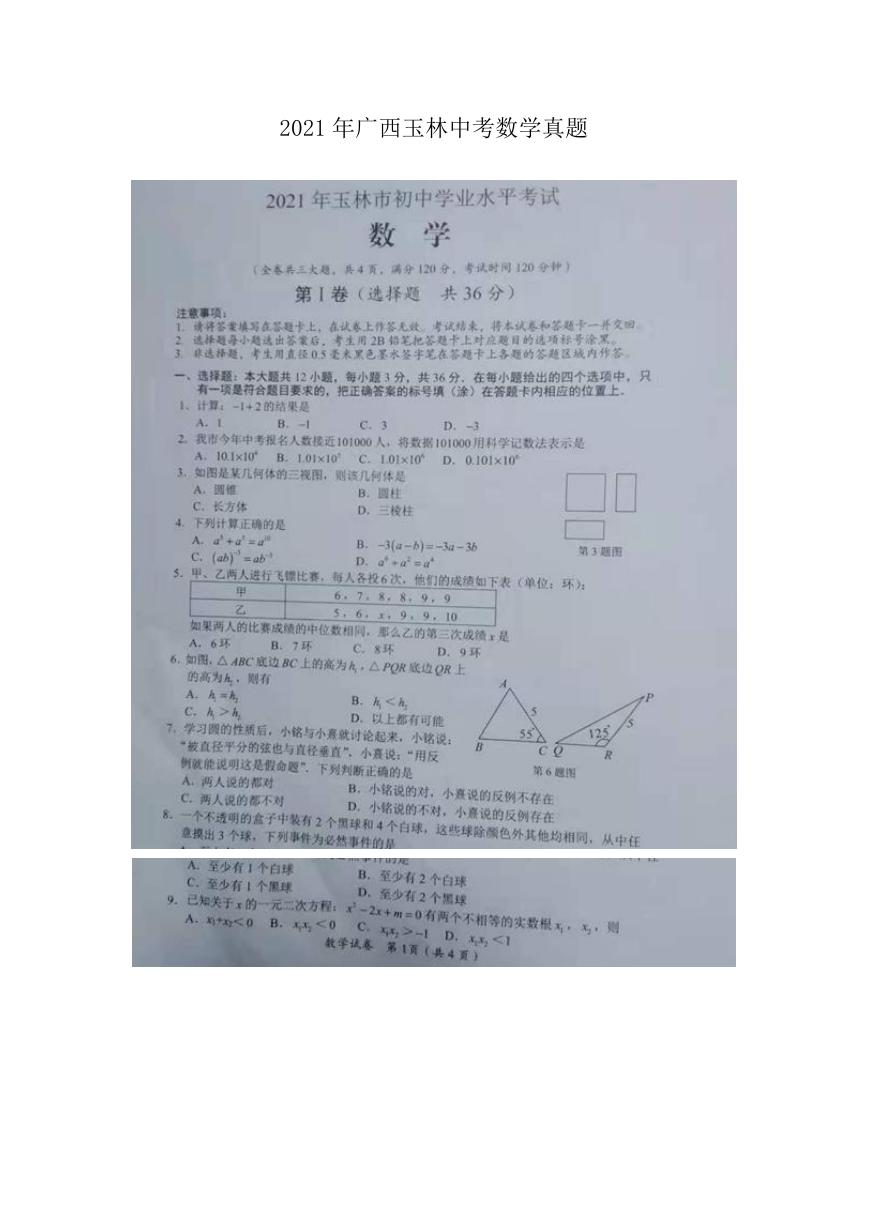 2021年广西玉林中考数学真题.doc