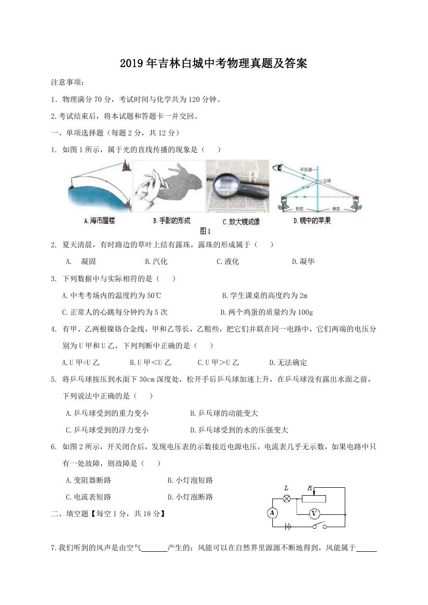 2019年吉林白城中考物理真题及答案.doc