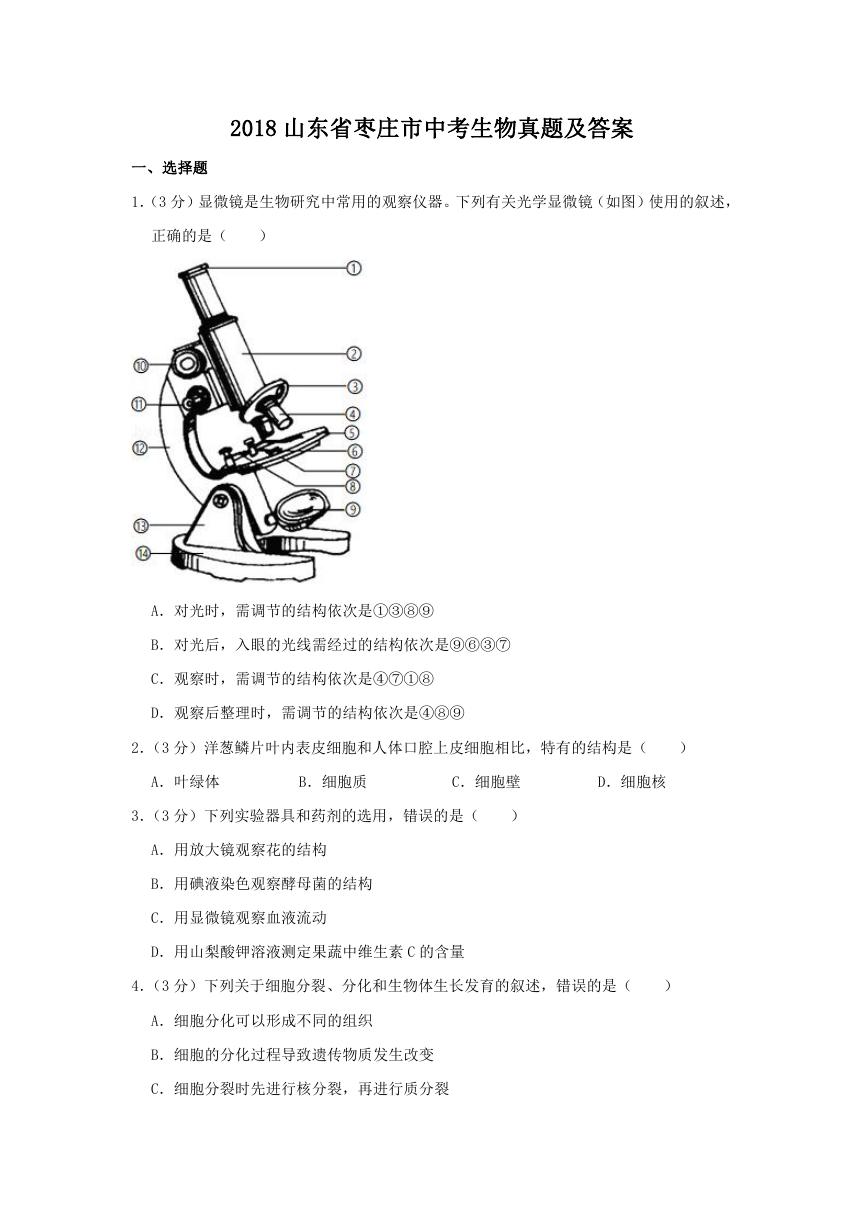 2018山东省枣庄市中考生物真题及答案.doc