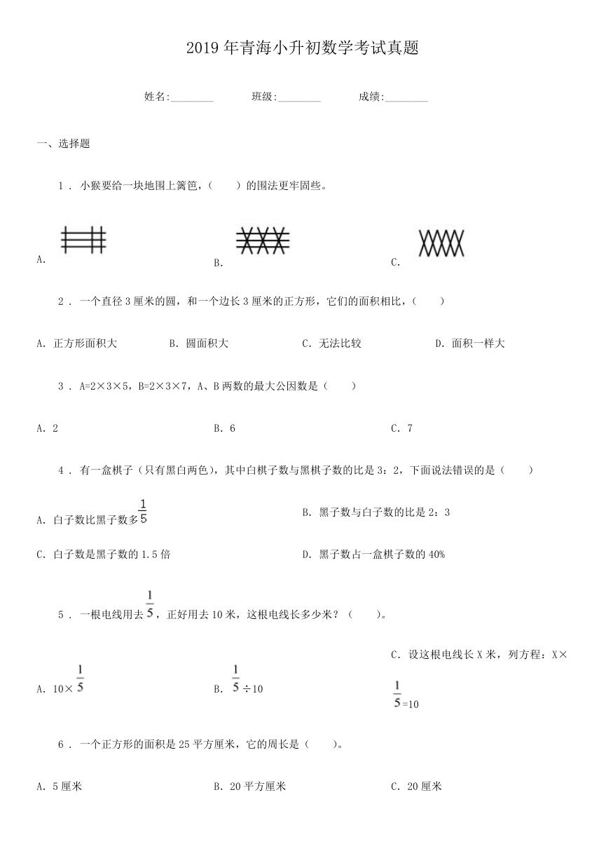 2019年青海小升初数学考试真题.doc