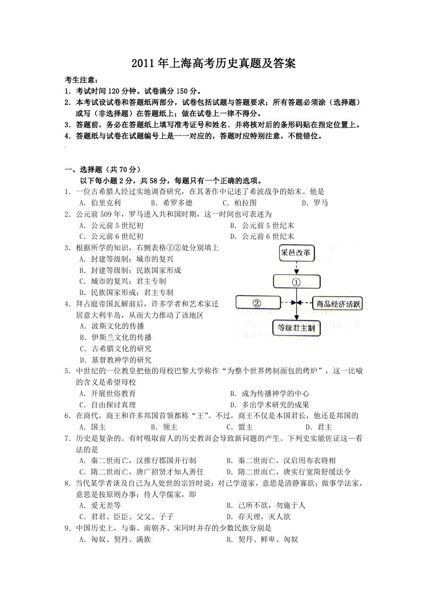 2011年上海高考历史真题及答案.doc