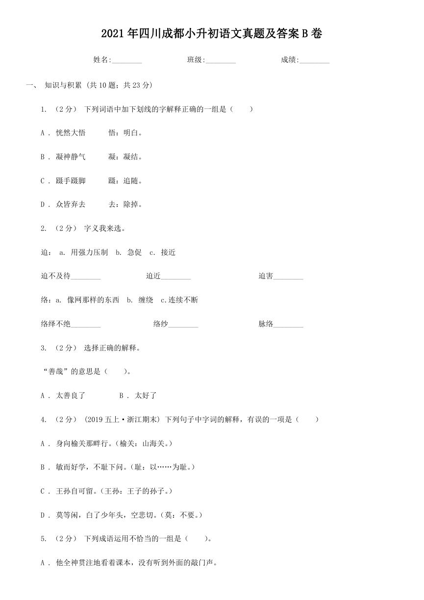 2021年四川成都小升初语文真题及答案B卷.doc