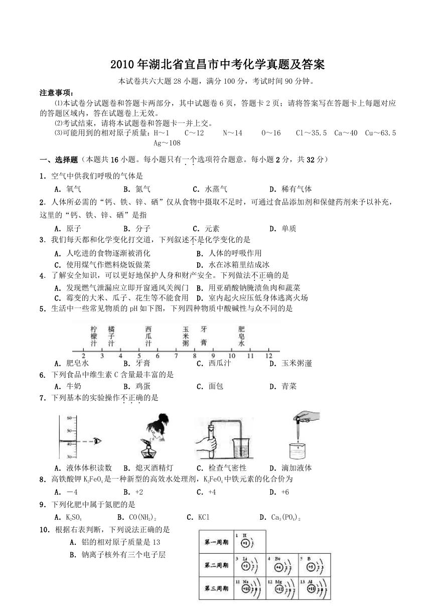 2010年湖北省宜昌市中考化学真题及答案.doc