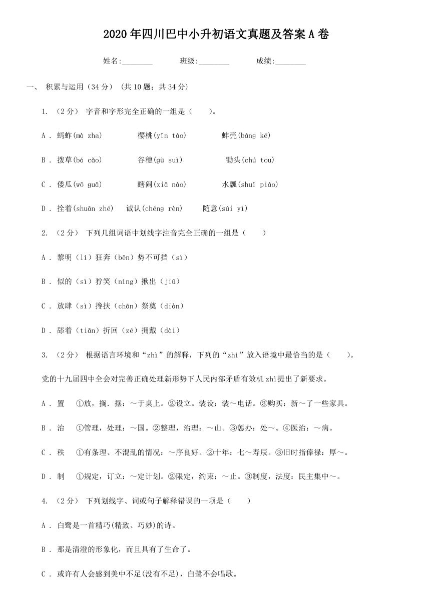 2020年四川巴中小升初语文真题及答案A卷.doc