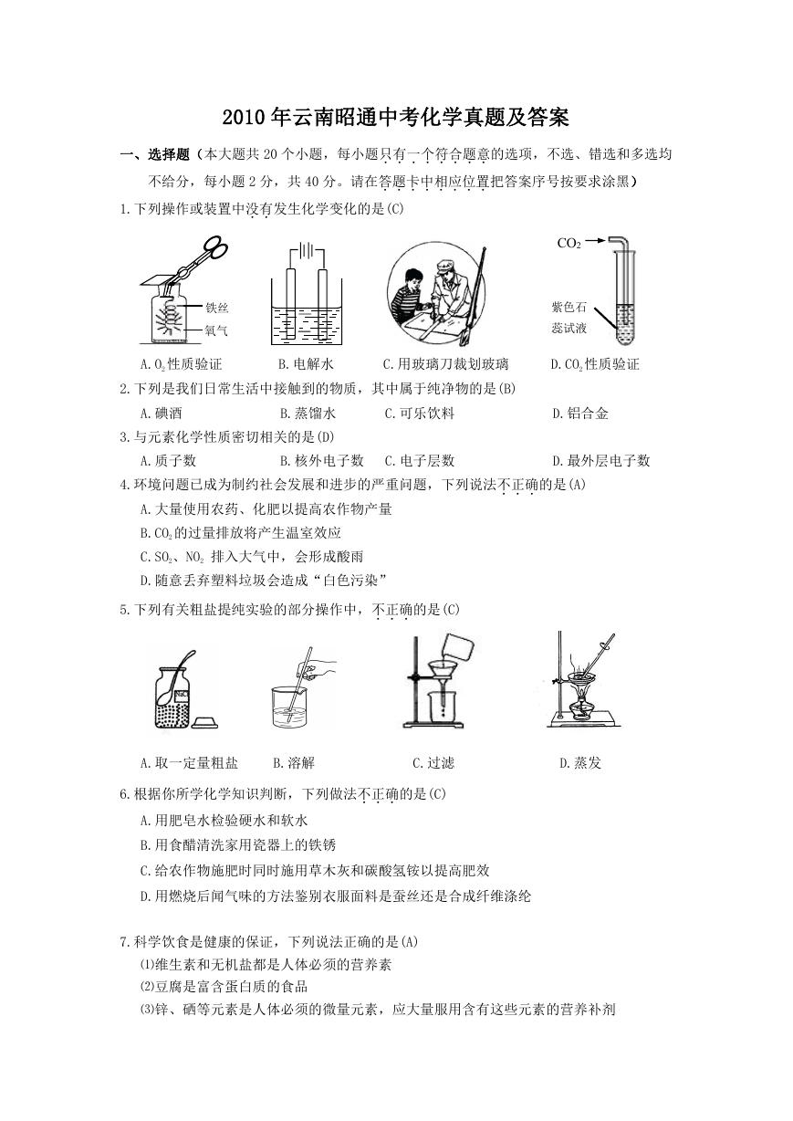 2010年云南昭通中考化学真题及答案.doc