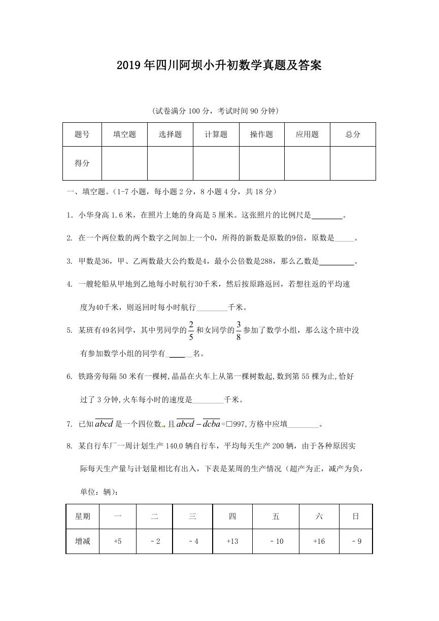 2019年四川阿坝小升初数学真题及答案.doc