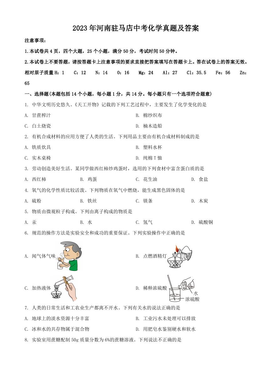 2023年河南驻马店中考化学真题及答案.doc