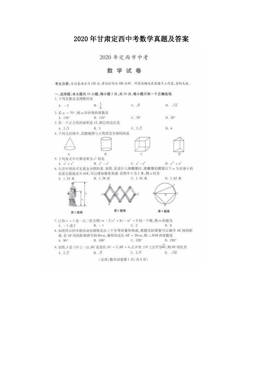 2020年甘肃定西中考数学真题及答案.doc