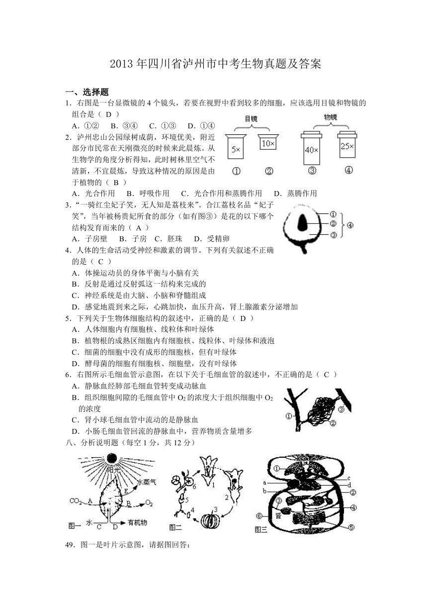 2013年四川省泸州市中考生物真题及答案.doc