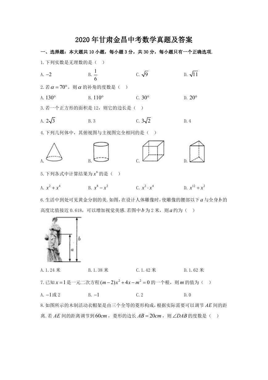 2020年甘肃金昌中考数学真题及答案.doc