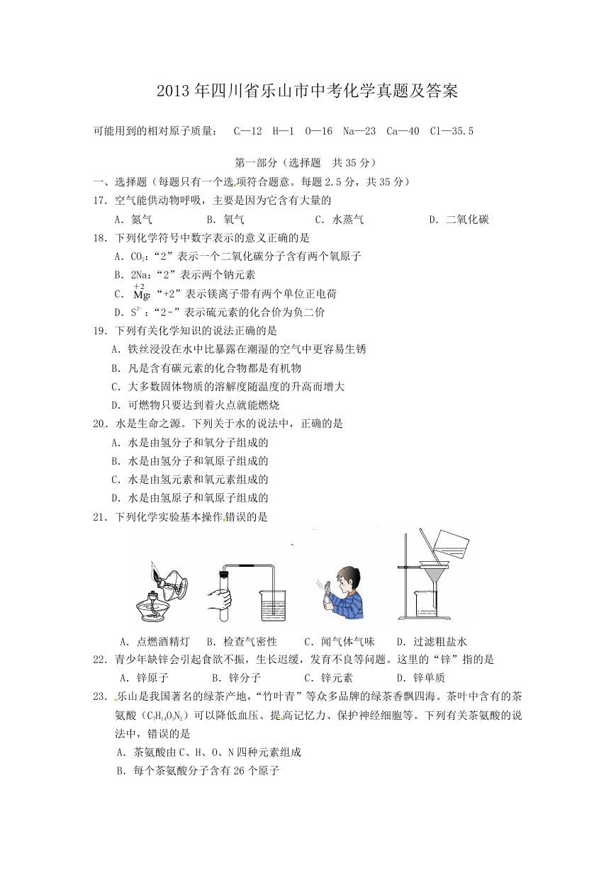 2013年四川省乐山市中考化学真题及答案.doc