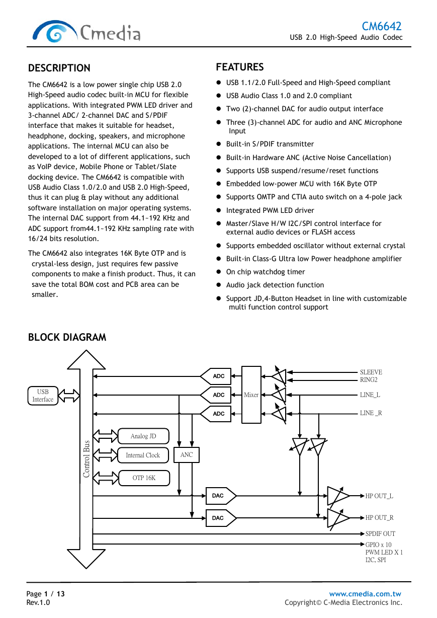CM6642 192KHz usb免驱声卡资料.pdf