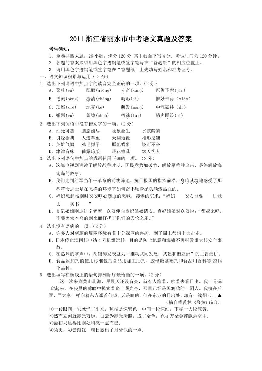 2011浙江省丽水市中考语文真题及答案.doc