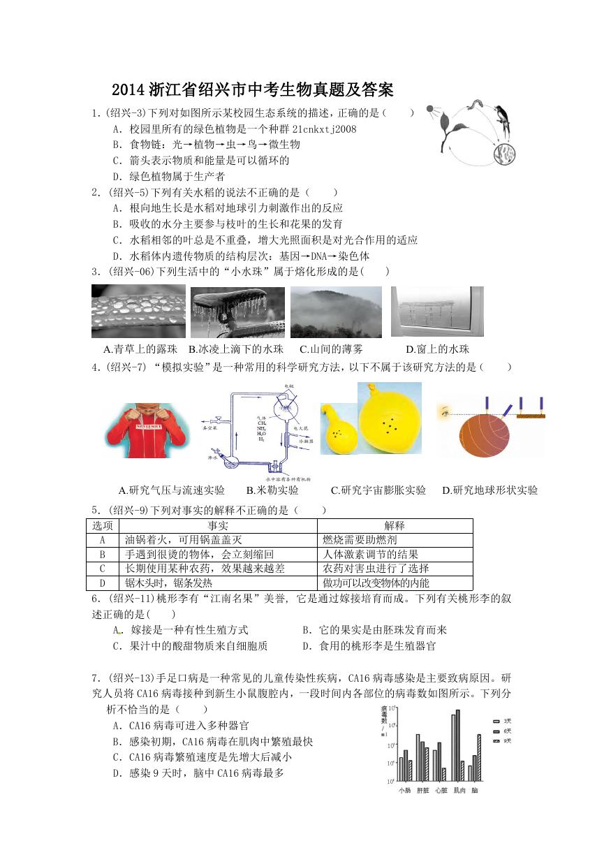 2014浙江省绍兴市中考生物真题及答案.doc